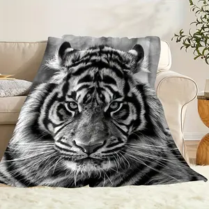 1pc Cozy Majestic Black And White Tiger Stripe Flannel Blanket, Fashionable, Soft, And Warm All-Season Multi-Purpose Gift Printed Flannel Blanket, Perfect for Sofa, Bed, Office, And Travel, Ideal Holiday Birthday Gift for Family And Friends