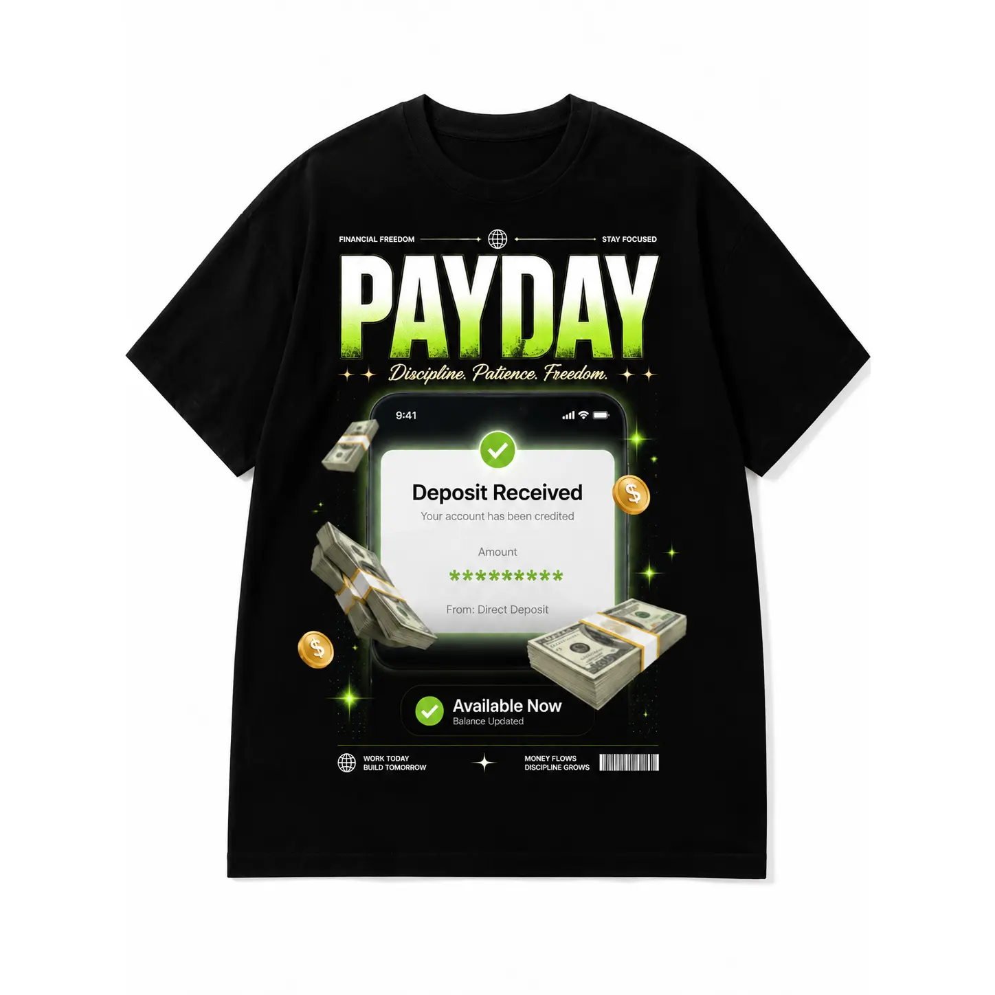 Payday Deposit Received Graphic T-Shirt Discipline Patience Freedom Money Stack Dollar Print Tee Financial Freedom Hustle Gift For Him Birthday Anniversary Gift For Entrepreneur Investor Men Casual Streetwear,big,brand,Muppet,Christmas,Carol,Matching,com