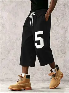 Base with Large Number 5 Print, Loose Fit Wide Leg Pants, Adjustable Drawstring Waist, Streetwear Style, Fall Fashion
