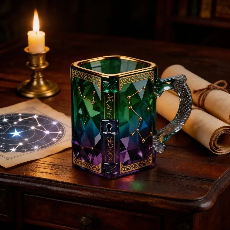 Gradient Constellation Cup, Coffee Mug, Tea Cup with Dragon Design Handle, Vintage Lock, Halloween Gift, Game Enthusiast Present