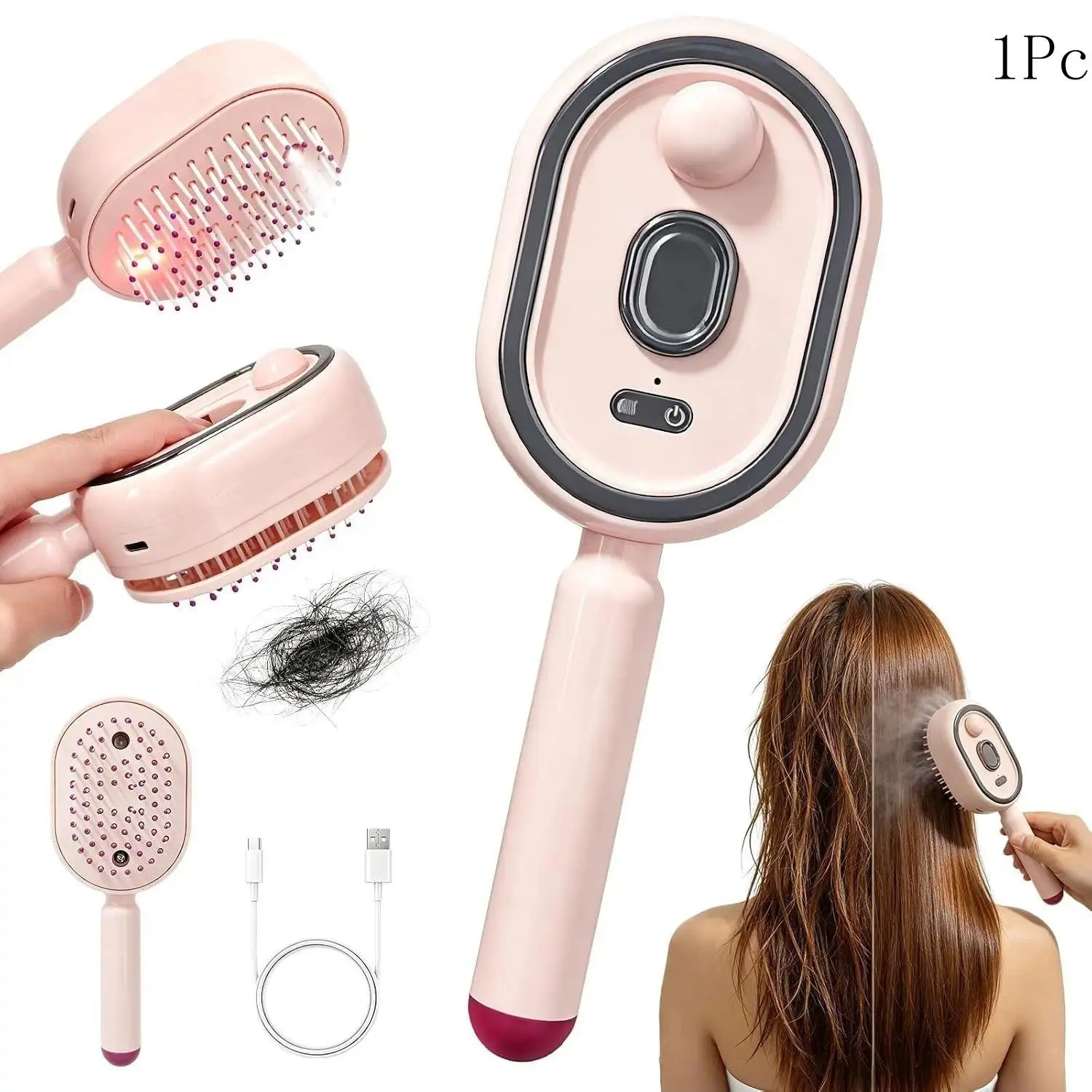 Rechargeable Electric Steam Hair Brush - Spray Air Cushion Massage Comb with Red Light Therapy, Self-Cleaning, Detangling, Anti-Static, Hydrating Hair Care Tool