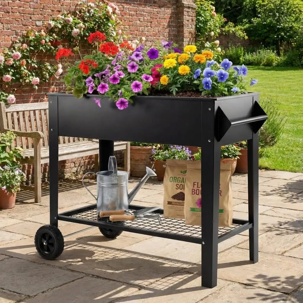 Heavy-Duty Raised Garden Bed with Wheels – Steel Planter Box with Storage Shelf – 400 Lbs Capacity – Rust-Resistant for Vegetables & Herbs – Ideal for Patio, Balcony, Backyard