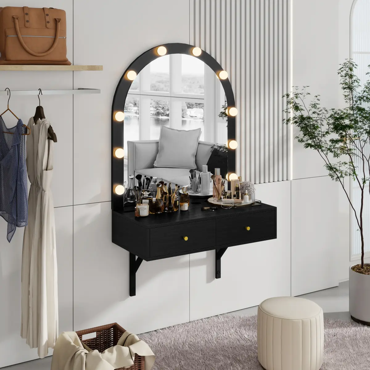 Black Floating Wall-Mounted Makeup Vanity Desk with LED Mirror (3 Color Lights), Power Outlet, USB Charging, Compact Design & Large Storage for Bedroom Bathroom WL