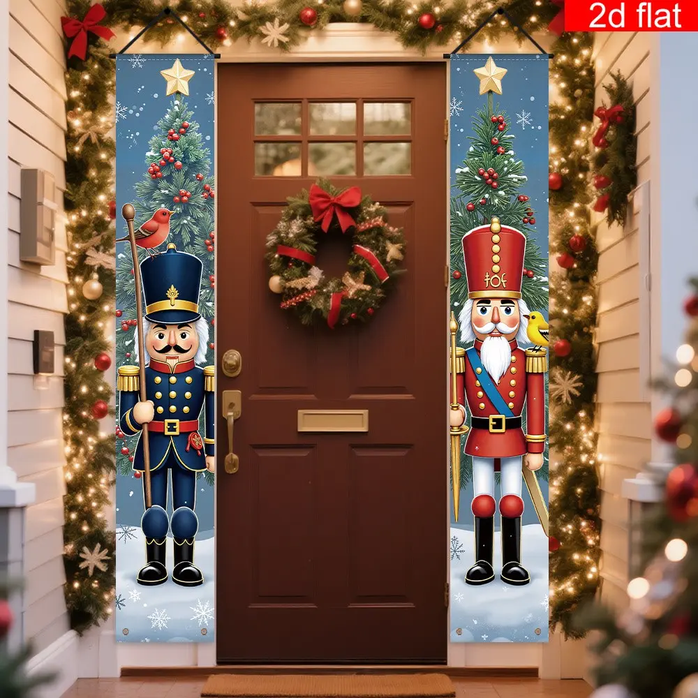 2D Flat Banner 2pc, Christmas Theme Couplets, Polyester, Snow Scene Nutcracker Tree Design, Winter Party Decor, Indoor Outdoor Wall Door Decoration