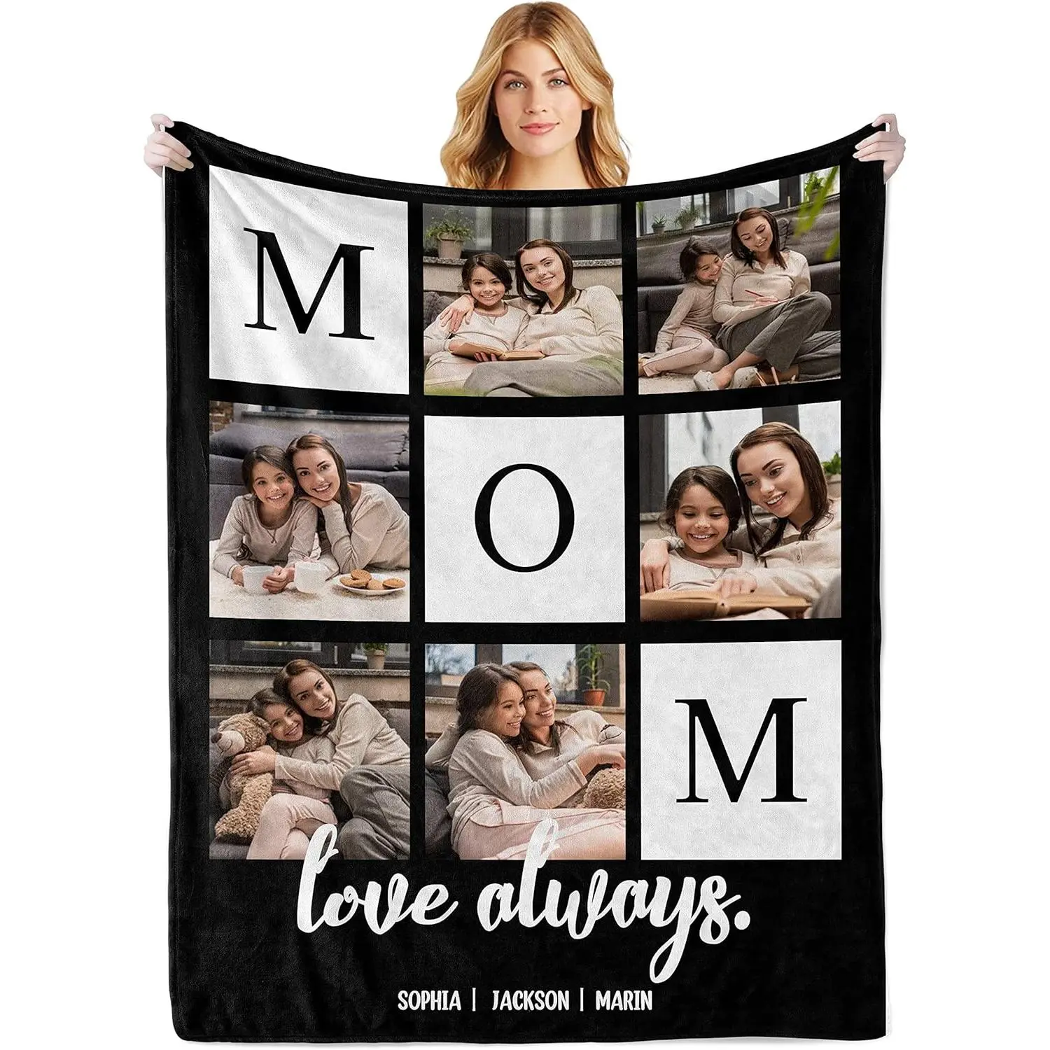 Personalized Flannel Blanket - Customized with Photos & Text, Double-Sided Multi-Size Personalized Gifts for Mom, Home Lounge Indoor Use from Daughter/Son