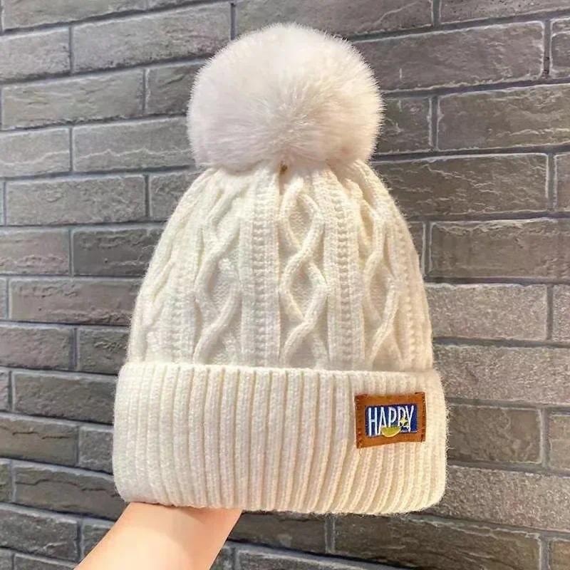 3pcs Autumn and Winter Women's Pompom Knitted Hat Women Solid Color Thicken Plush Beanie Cap Female Autumn Warm Crochet Hats