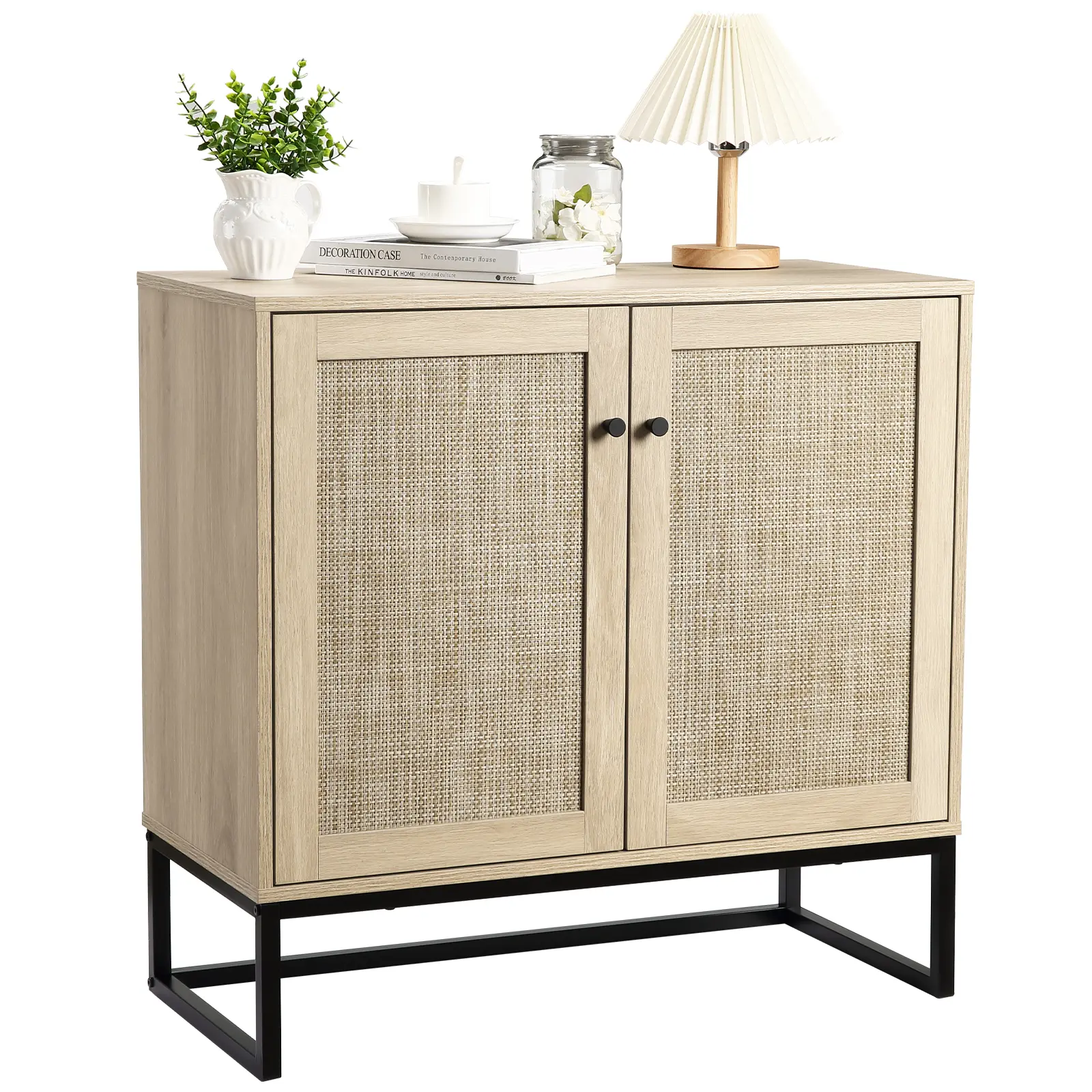 2-Door Rattan Storage Cabinet, 31.5-Inch Light Oak Farmhouse Sideboard Buffet Cabinet with Adjustable Shelf, Metal Base, Woven Cane Doors and Black Pull Knobs for Entryway, Living Room, Dining Room, Kitchen, Hallway, Coffee Bar and Home Office
