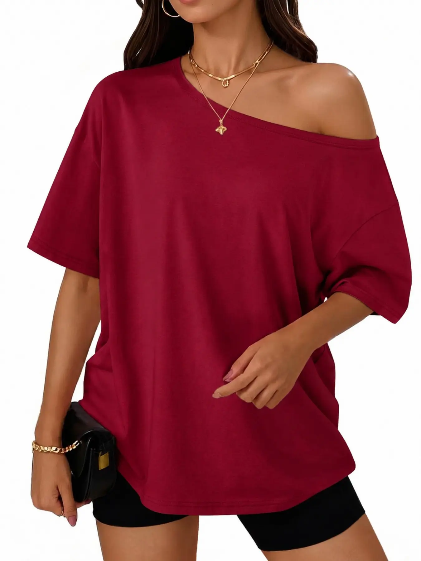 Women's Summer New Loose Baggy Oversize Casual Cute Solid One-Shoulder Short Sleeve Top, Boho Style Shirt, Long Sleeve Tee, Perfect for Daily Wear