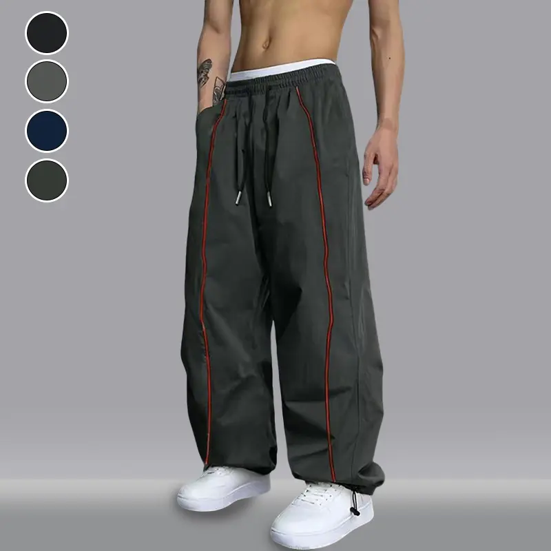 Lightweight Quick Dry Men Loose Wide Leg Pants, Wind Resistant Daily Wear Jogging Trousers with Side Striped Detail, Dual Drawstring Elastic Waist, Slant Pockets for Travel & Commute