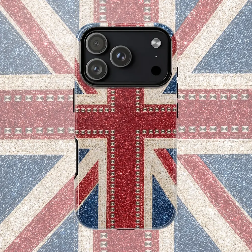 Glitter Union Jack phone case, durable 2-in-1 protective case, compatible with iPhone 17/16/15/14/13/12/11 Pro Max/Plus/Pro, Samsung Galaxy S26/S25/S24/S23/22/21 series, simple and stylish phone case, perfect for holiday gifts.