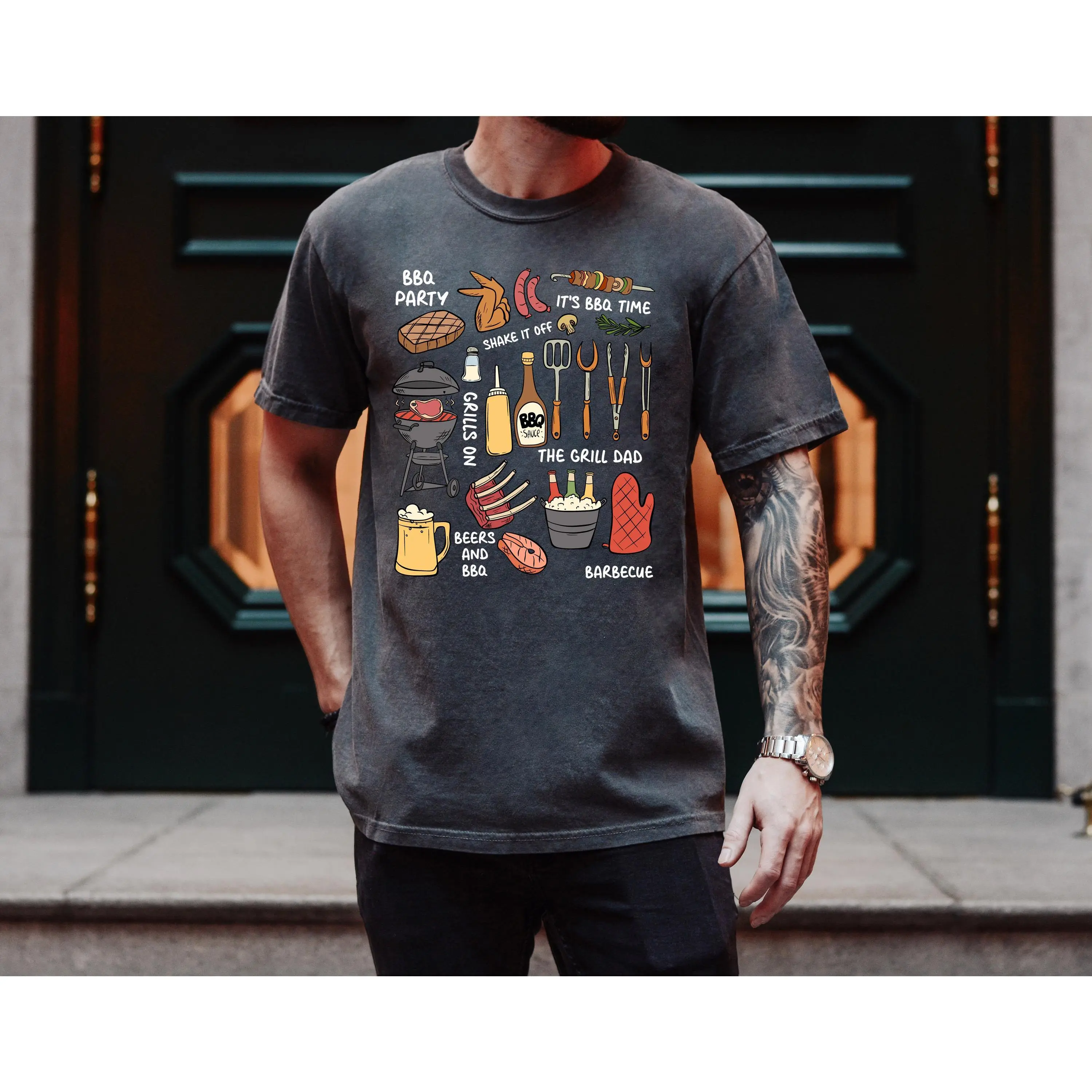 Women's Pure Cotton Short-Sleeve Crewneck Garment - BBQ Party Grill Artwork Graphic Print, Non-Washed Heavyweight, Breathable Loose Casual Streetwear, Ideal Outdoor Cooking Gift Top