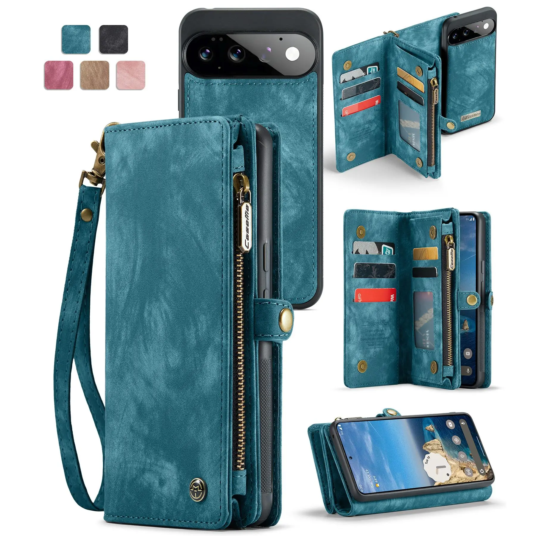 Case Me 008 Detachable PU Leather Case with Magnetic Snap, Retro Wrinkles, RFID Blocking, Anti-Theft Zipper, Card Holder Wallet, Shockproof Protector for Google Pixel 11 Pro XL, iPhone, Samsung ZFOLD8 Ultra, A57, S23 Series, Galaxy S22-S26, Accessories, M