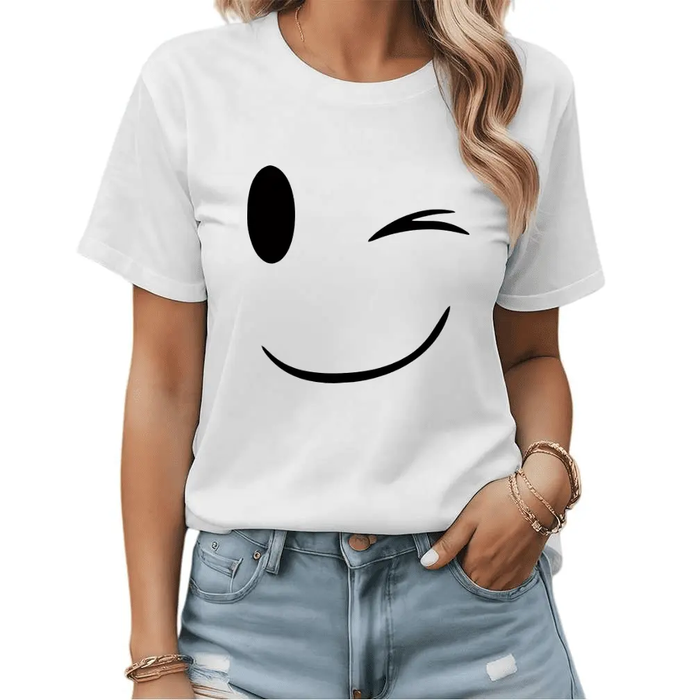 Unisex Winking Smiley Face Graphic T-Shirt - Soft 100% Cotton, Lightweight Breathable Shortsleeve Casual Streetwear, Tshirt, Fabrics