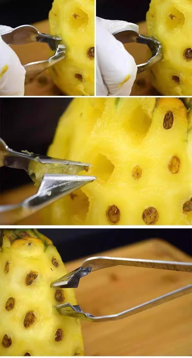 2PCS Stainless steel pineapple peeler, pineapple cutter, eye remover, tweezers, curved sugarcane knife, eye remover, and peeler.