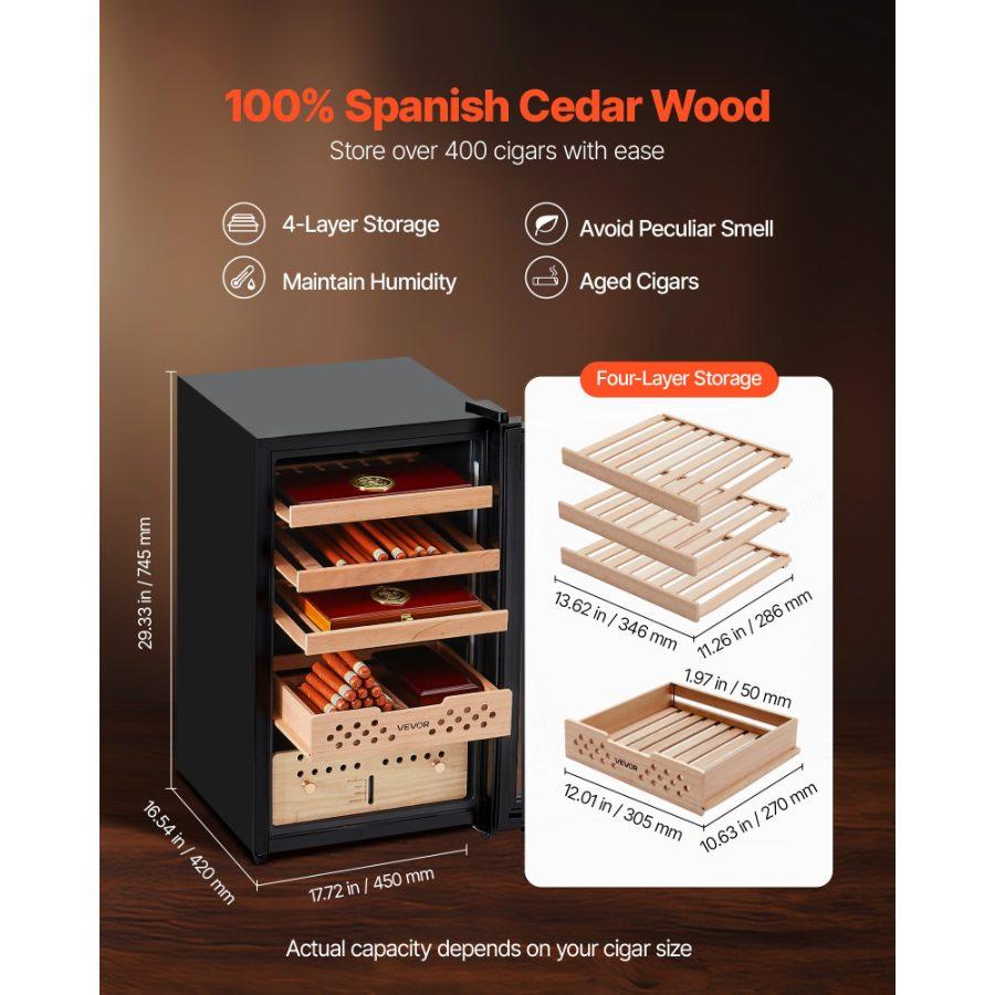 VEVOR Electric Humidor, 70L, 400 Counts Electric Cigar Humidor Cabinet with Compressor Cooling, Constant Humidity Temperature Control, Spanish Cedar Wood Shelves Drawers, 4 Layers, for Household