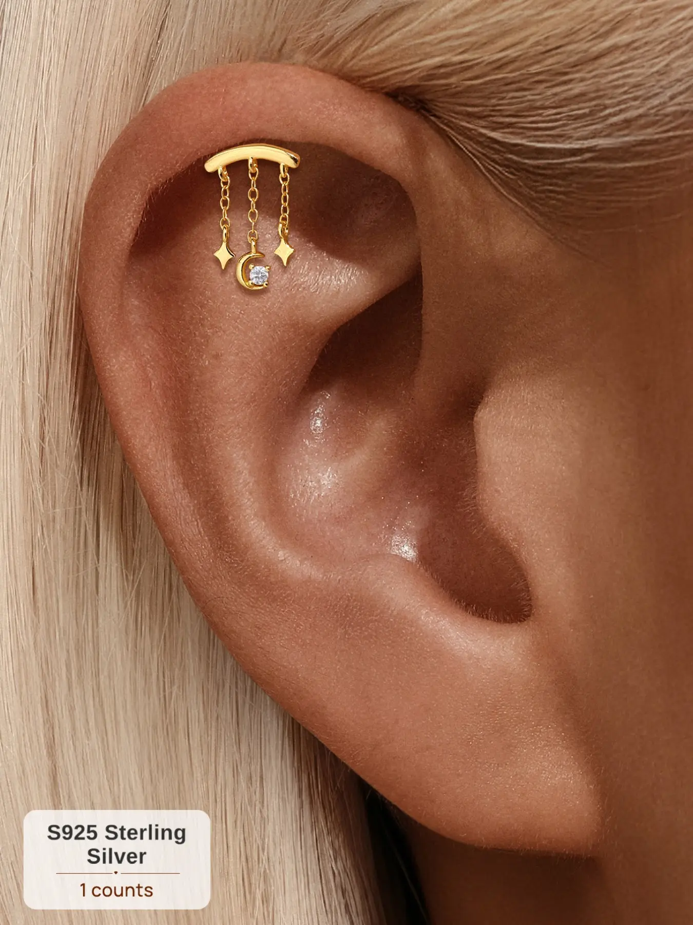 1PC 18K Gold Plated S925 Sterling Silver Polished Star Moon Dangle Chain Threaded Flat Back Cartilage Earring, Hypoallergenic  ,Non-Tamish, ldeal for Daily Wear, Weddings, Parties,Engagements, Anniversaries, Valentine's Day, and Other Special Occasions.