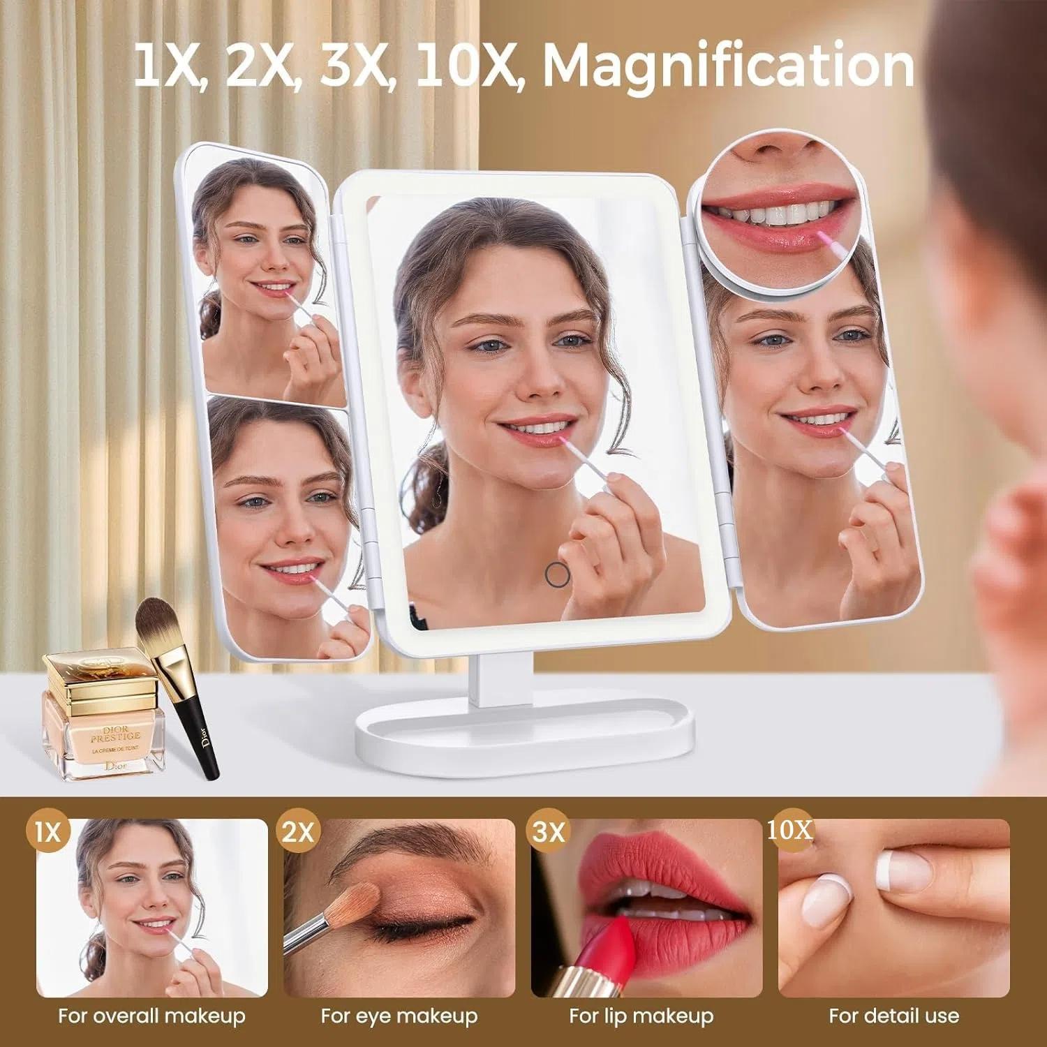 Portable LED Light Makeup Mirror, Lighted Makeup Mirror, Mirror with Lights, 3-fold Foldable Rechargeable Mirror with 2x 3x & 10x Magnification, Touch Control Mirror for Travel & Bedroom Use, Rechargeable Trifold Mirror #TOP PICKS