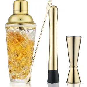 Gold Cocktail Shaker Set - Premium Glass Bartender Kit with Measuring Jigger, Mixing Spoon, and Muddler