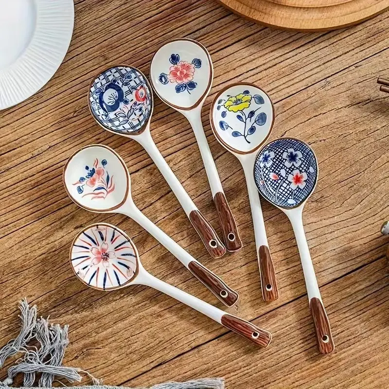 6Pcs Japanese Ceramic Soup Spoons Set, Retro Hand-Painted Floral Ramen Spoons with Faux Wood Handle & Hanging Hole, Creative Asian Porridge Dessert Cereal Spoons