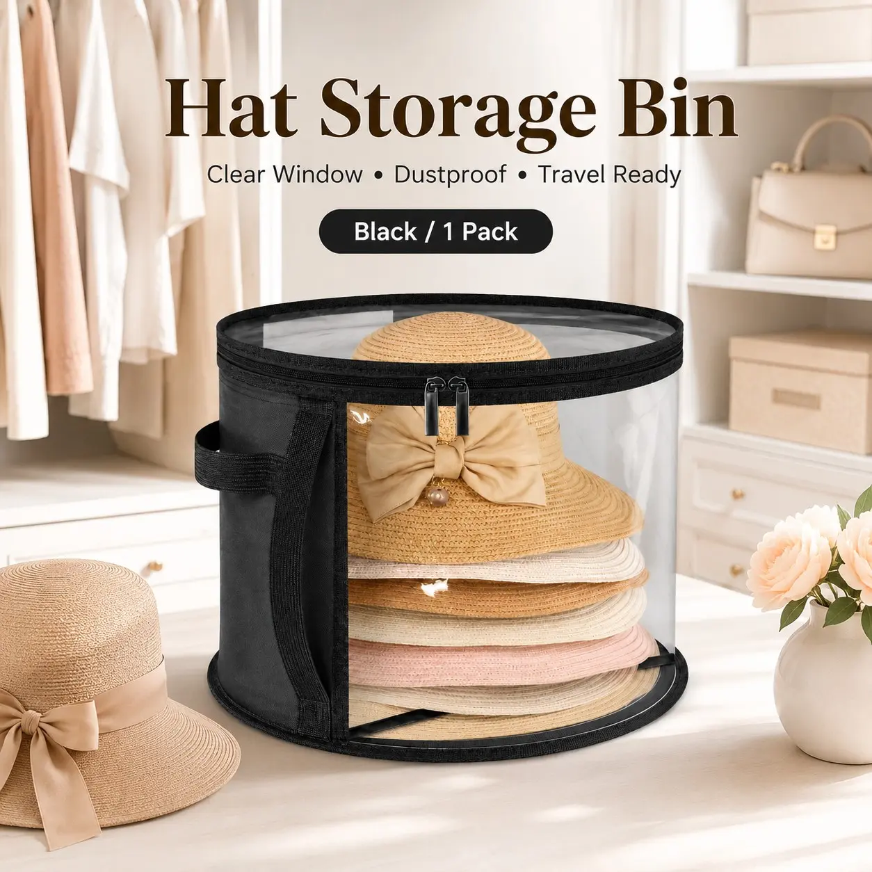 Extra Large Hat Storage Box, Foldable Non-Woven Accessory Organizer, Reinforced Handle, Transparent Window, Dual Zipper Design, Cap Organizers