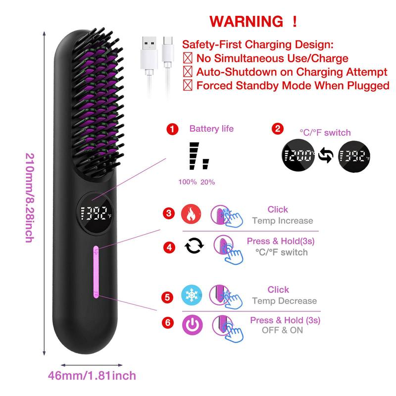 Portable Cordless Hair Straightener, Hair Straightening Iron, USB Rechargeable Hair Straightening Comb, 2-in-1 Hair Styling Tool for Home, Office and School