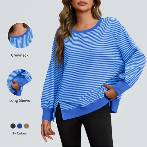 Imily Bela Women's Fall Oversized Sweatshirt Casual Waffle Knit Long Sleeve Crewneck Split Pullover Tunic Tops
