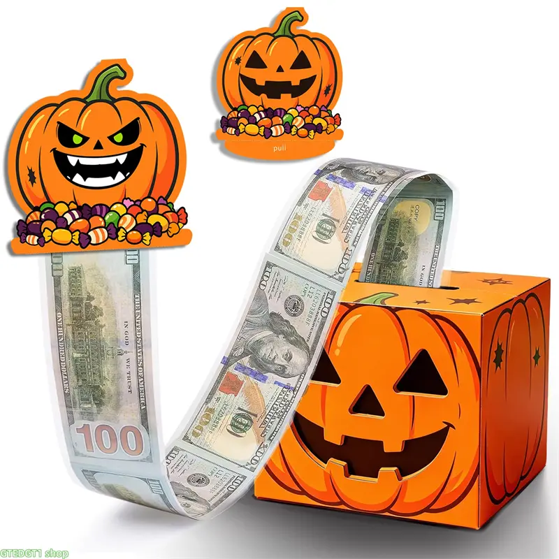 Surprise Money Pull Box, Halloween Jack O'Lantern Paper Pumpkin DIY Kit, Fun Cash Gift for Holiday Parties and Table Decor Game, Default