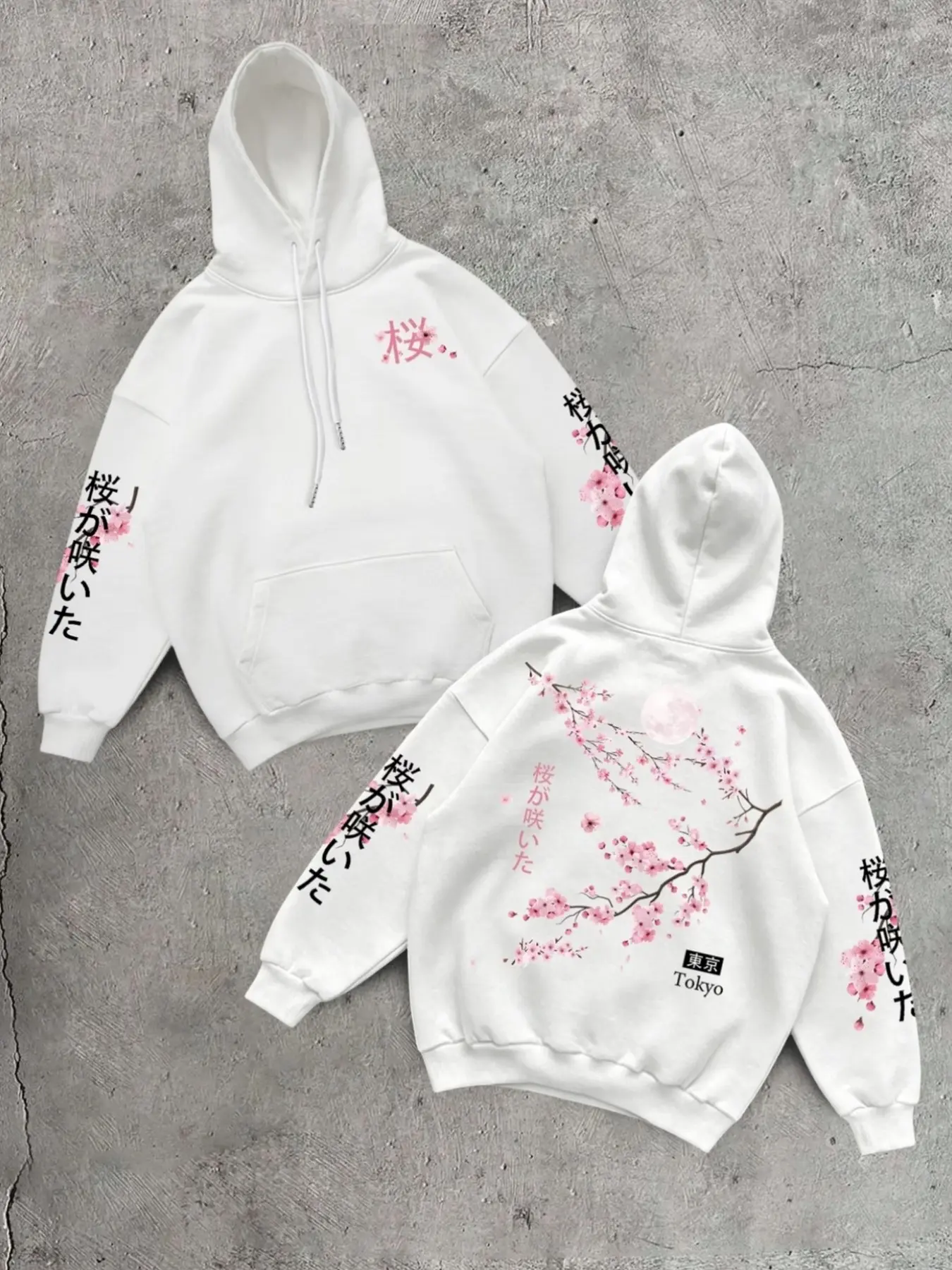 Tokyo Aesthetic Cherry Blossom Back Print Hoodie, Japanese Kanji Sleeve Graphic Loose Fit Pullover Sweatshirt, Harajuku Style Hooded Top for Daily Streetwear