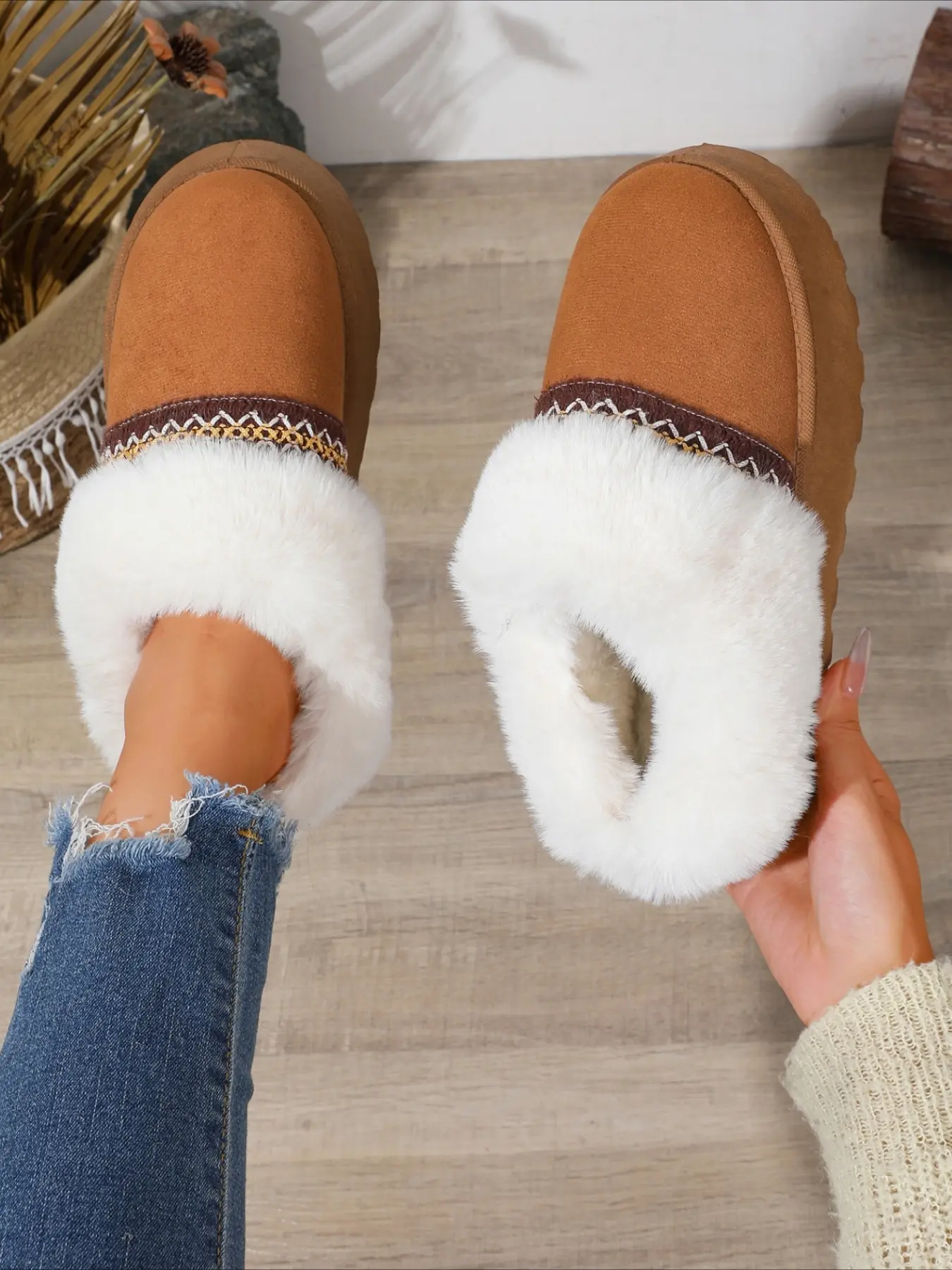 Fuzzy trim slide snow shoes with ethnic woven tape multi colors thick anti-slip sole warm lined casual slip-on women winter footwear