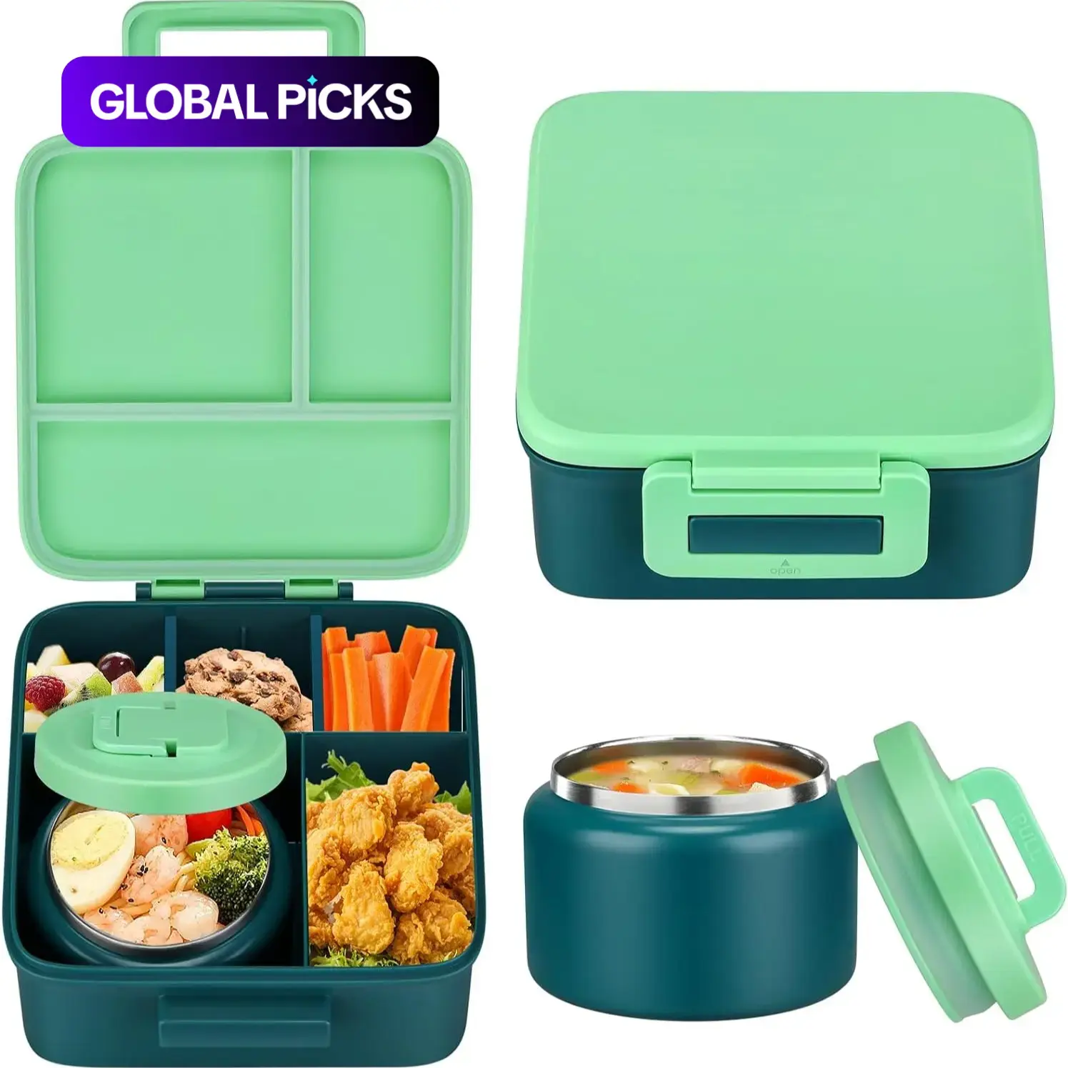 Flat Bento Box with 8oz Soup Bowl, Leak-Proof, Four Compartments, Two Food Dividers, Ideal for Meal Prep and On-The-Go Eating, Leakproof Lunch Box #GLOBAL PICKS