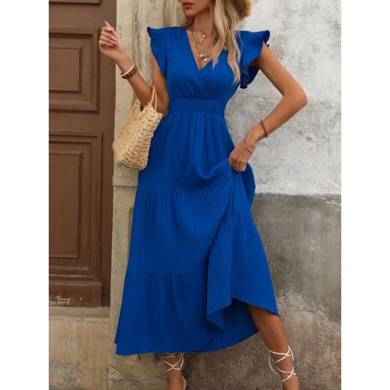 SHEIN Clasi Women Summer Solid Color V-Neck Cap Sleeve Waist Elastic Hem Elegant Dress With Ruffle Hem Maxi Women Outfit SHEIN Clasi Women Summer Solid Color V-Neck Cap Sleeve Waist Elastic Hem Elegant Dress With Ruffle Hem Maxi Women Outfit