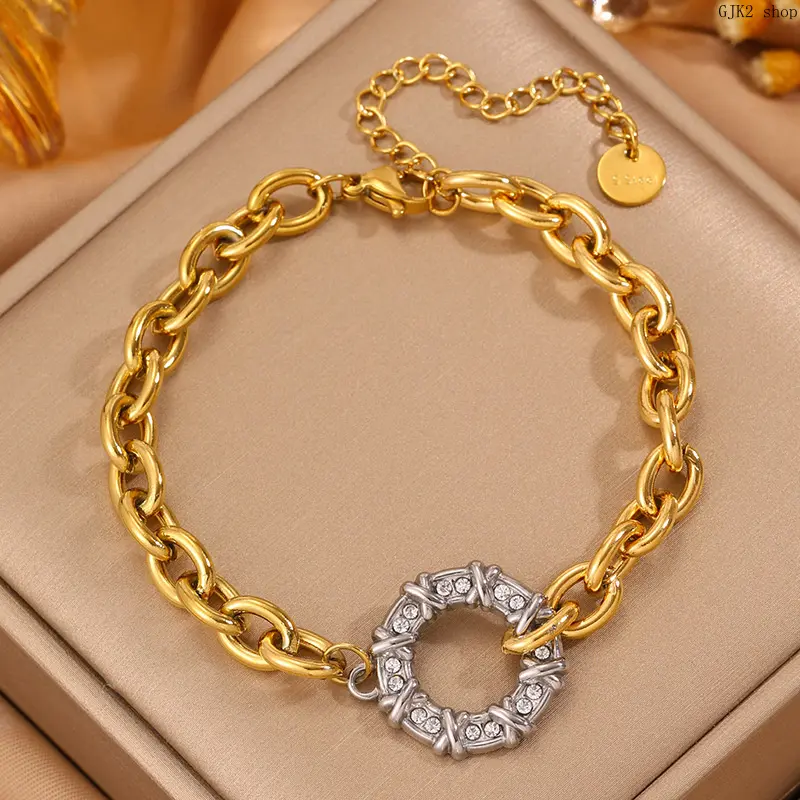 Rhinestone Circle Chunky Link Bracelet, Stainless Steel Adjustable Chain Bracelet, Trendy Stacking Jewelry