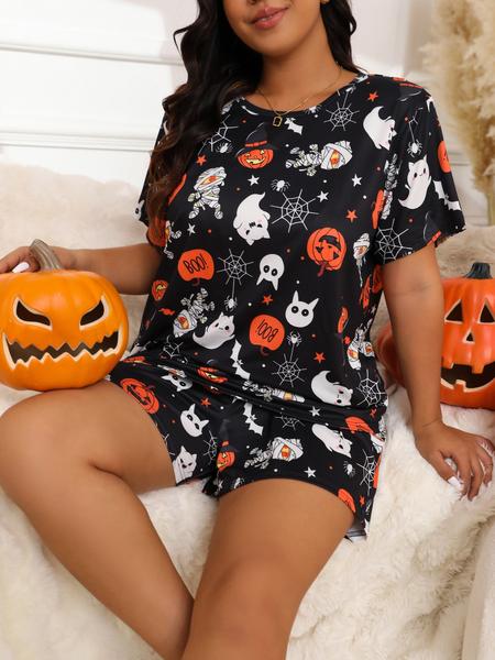 【Plus Size】Halloween Skull Ghost and Pumpkin Print Tee & Elastic Waist Shorts Pyjama Two-piece Set, Casual Comfy Round Neck Short Sleeve T-shirt & Shorts Pj Set, Women's Sleepwear for Fall