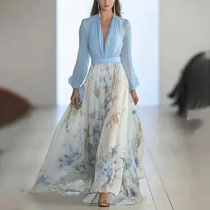 Women's Digital Print Maxi Dress with a V-Neck and Casual Longsleeves, a Floor-Length Long Gown in a Patchwork Style