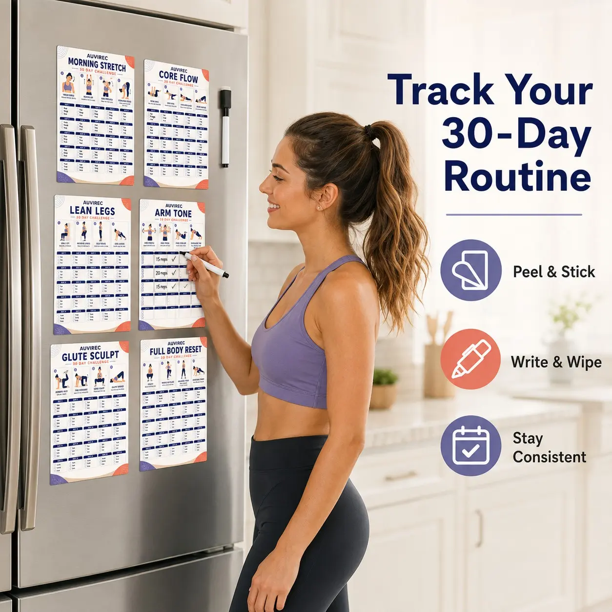 Auvirec 6-Piece Reusable Fitness Planner Set, 30-Day Workout Tracker, Pet Erasable Stickers, Includes Marker, Home Office Gym Use