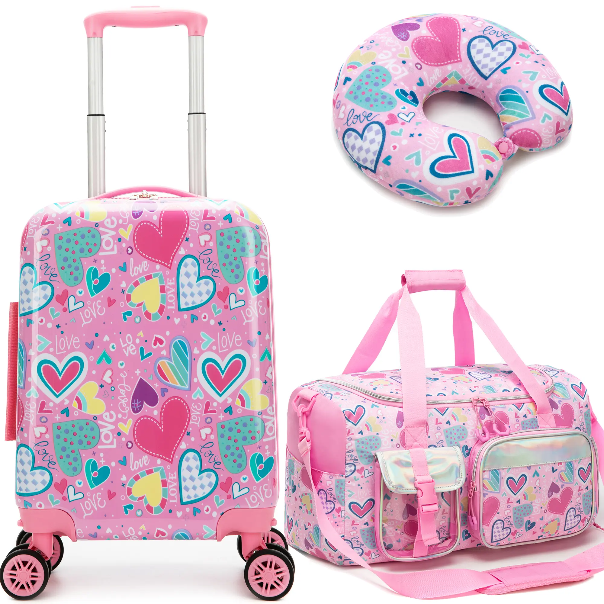 Girls' Cartoonish Heart Print 3PCS Luggage Set - ABS Plastic Expansible Traveling Suitcase, Duffle Bag & Neck Pillow, Lightweight Wheeled Carry-On