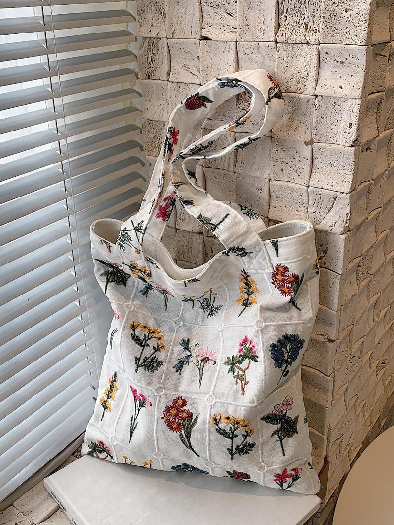 Women's Floral Pattern Embroidered Tote Bag, Fashionable Summer 2024 Large Capacity Shoulder Bag for Teen Girls, Women, Casual Tote Bag