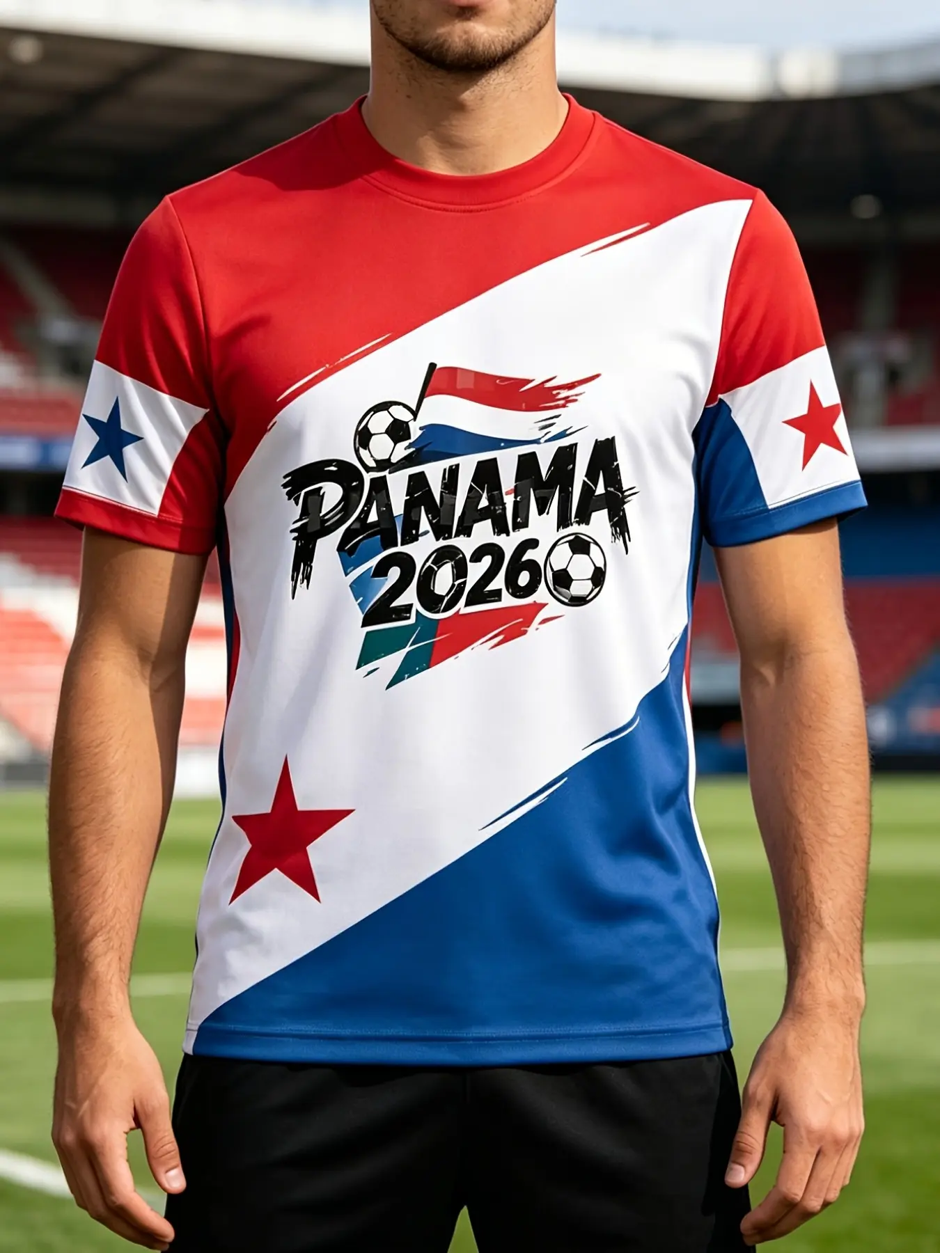 Men's Panama Flag Color Football Print Round Neck T-Shirt, Casual Breathable Short Sleeve Sports Top, Athleisure Tee, Loose Fit All Seasons, Casual Sports Tops, Casual Sporty Top