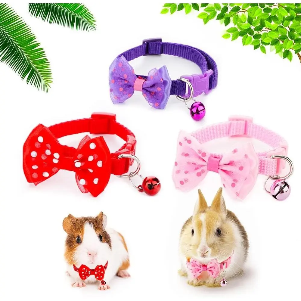 3 Pcs Adjustable Rabbit Collars with Bell, Cute Bow-Knot Guinea Pig Collar Small Animal Exercise Interaction Accessories Colors May Vary