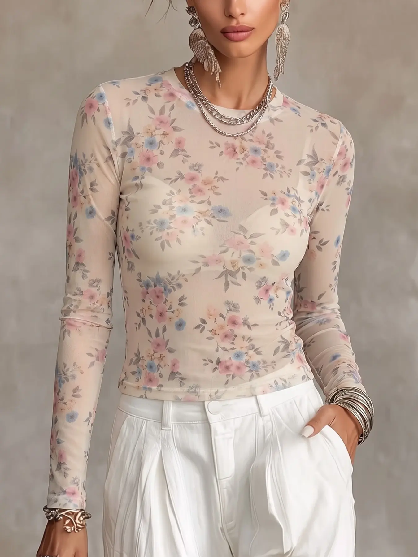 Vintage Pastel Floral Pattern Sheer Tops for Women Round Neck Long Sleeve Slim Fit Cropped See Through Mesh Bodycon Blouse Soft Feminine Y2K Streetwear Soft Summer Sun Protection Undergarment Retro Fall Layering Romantic Cottagecore Outfits #fashionhaul