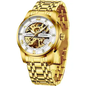 Mens Wtch Skeleton Luxury Mechnicl Stinless Steel Wterproof Blck utomtic Self-Winding Romn Numerls Dimond Dil Wrist Wtch