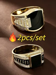 2 Pack 18K Gold Tone Plated Mens Black Onyx Inlaid Crystal Square Rings, Two Different Paved Diamond Pattern Wide Band, Luxury Durable Jewelry, Ideal Father’s Day Birthday Valentine Gift For Him
