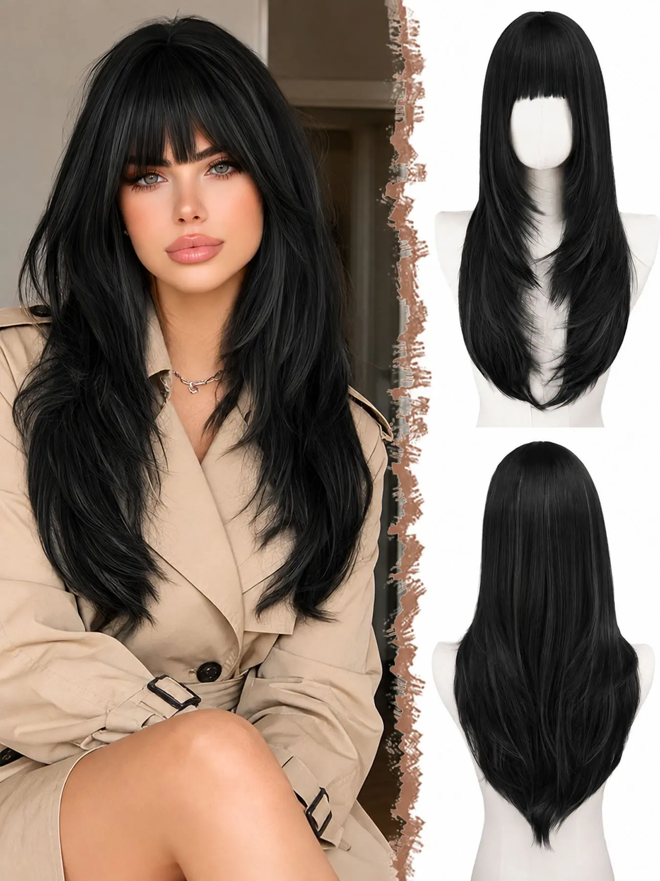 24 Inch Black Layered Long Synthetic Wig With Natural Bangs, Realistic Hair Texture Wig For Daily And Cosplay