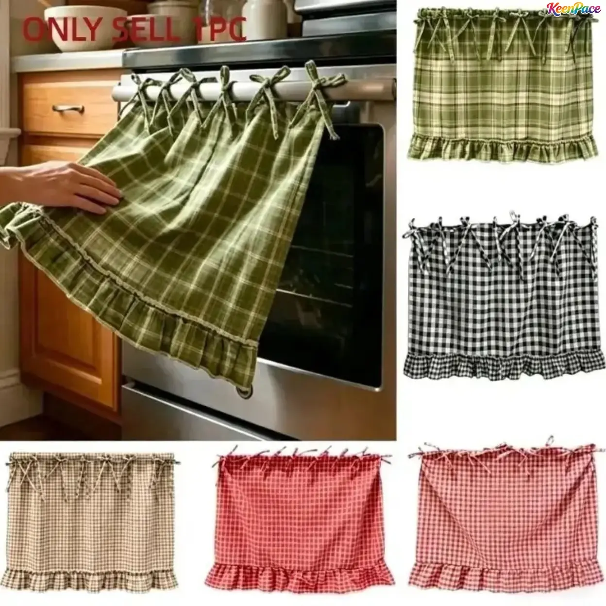 Farmhouse Gingham Plaid Oven Cover with Ruffled Hem & Tie Fasteners, No Drill Washable Decorative Curtain, Rustic Cottagecore Clutter Shield For Dishwasher Washing Machine, Home Decor Accessory For Kitchen Laundry Room ,Summerwins Summervibes