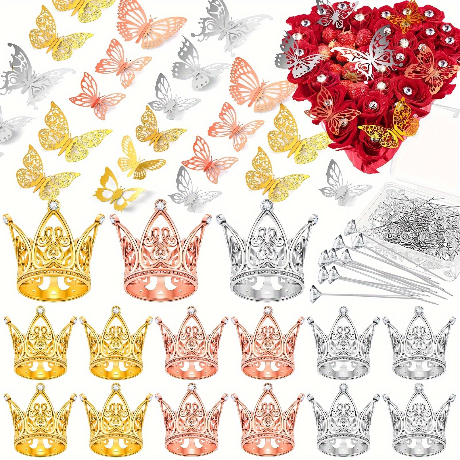 For Weddings, Birthdays & Anniversaries, Bouquet & Cake Decoration Complete Solution, 3 Color Crown Butterfly Bouquet Accessories, Complete with Crowns Butterflies Pins, Effortlessly Handle Holiday Decoration Setting, 152 Pack