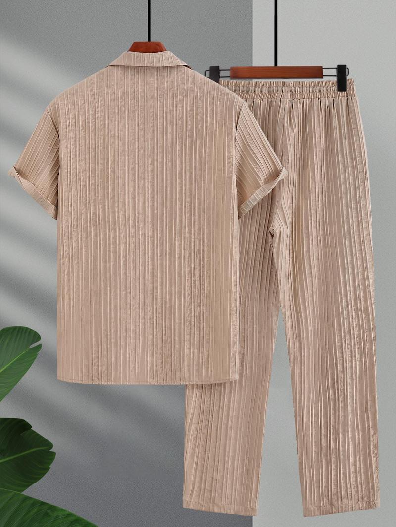 Men's Short Sleeve Shirt & Pants Two-Piece Set, Casual Button Top & Trousers for Summer, Men's Two-piece Set for Daily Wear, Matching Clothing Set