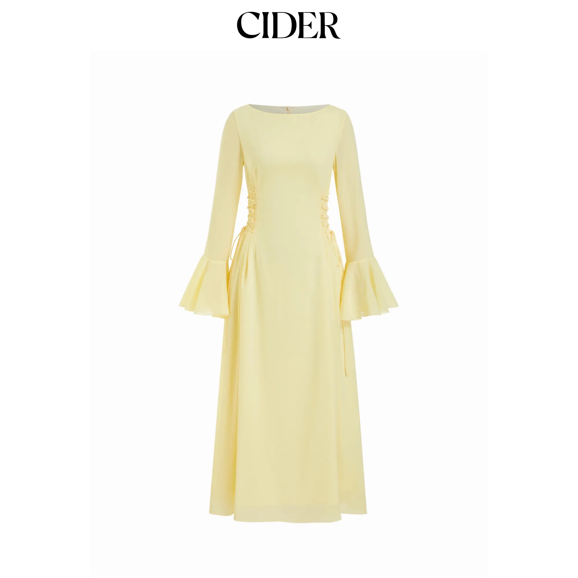 Cider Chiffon Boat Neck Lace Up Ruffle Sleeve Flared Maxi Dress