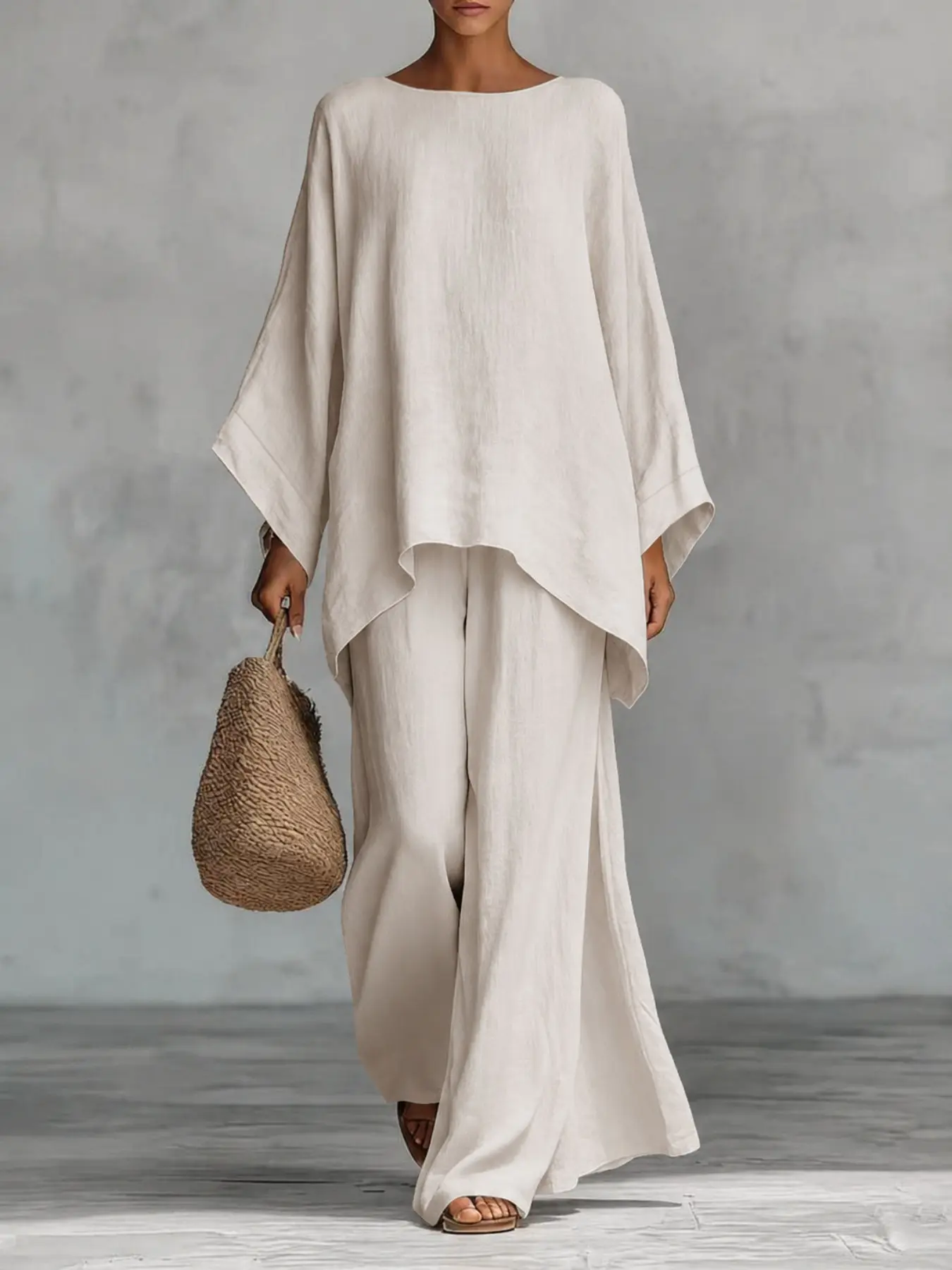 Women's Old Money Linen Blend Two Piece Set, Minimalist Oversized Button Down Shirt, Wide Leg Pants, Summer Casual Co-Ord