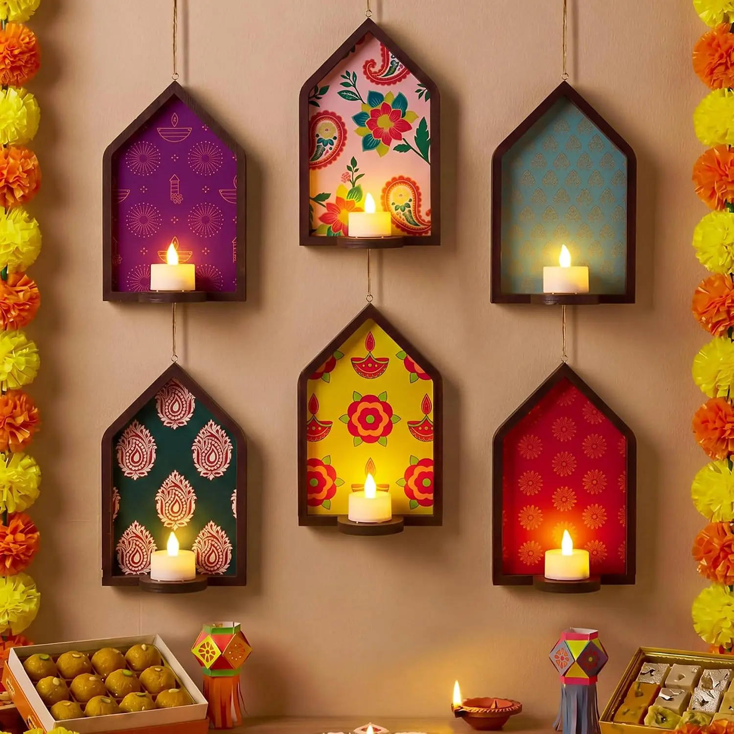Mumufy 6 Pack Diwali Tealight Candle Holder Diwali Decoration Jharokha Design Wooden Candle Holder Indian Pooja Decorations Indian Traditional Wall Decor for Deepavali Decoration Festive Wall Decor