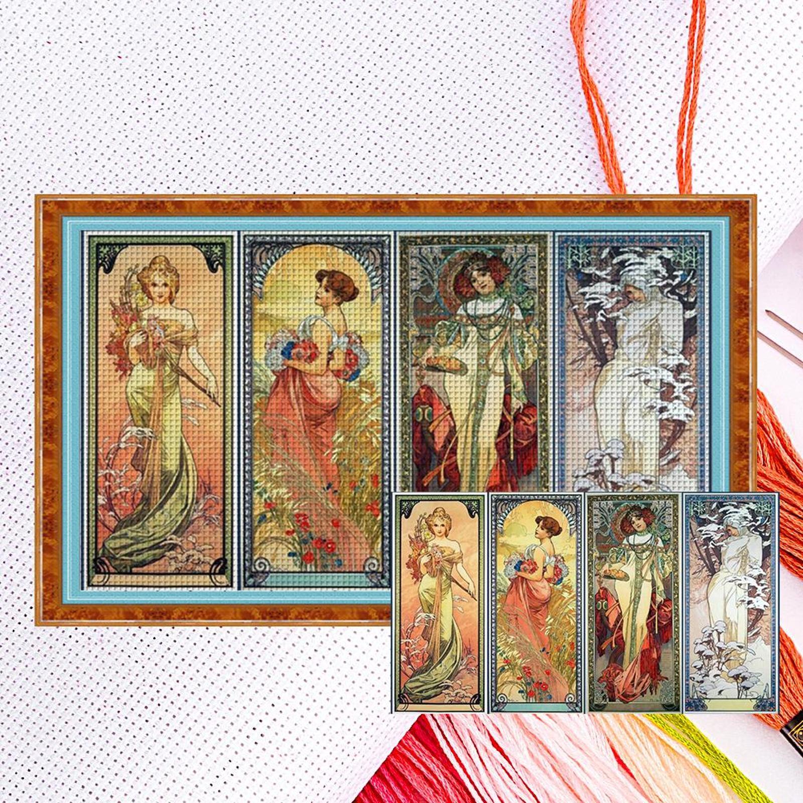 Four Seasons Goddess 11CT 3 Strands DIY Counted Embroidery Needlepoint Starter Kits for Beginners Adults Home Decor Cross Stitch Patterns Arts Craft Kits 35.43x19.69in
